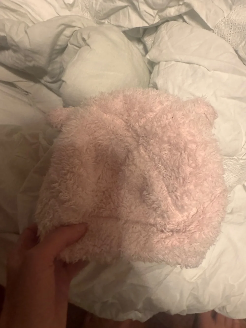 North Face Baby Bear Suave Oso Beanie in pink with a prominently displayed woven